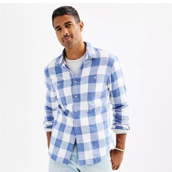 Sonoma Flannel Button-Down Shirt Heather Buffalo Blue Checkered L NWT - Picture 1 of 2